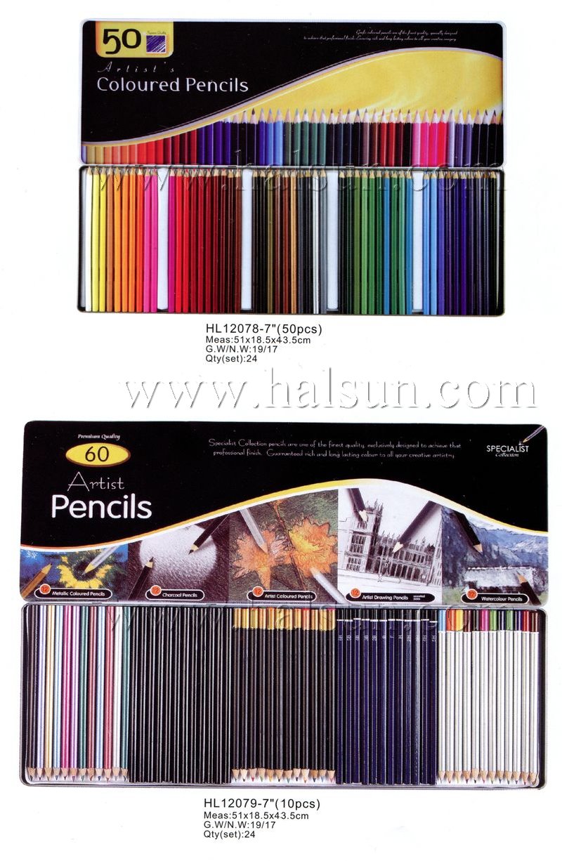 50 color pencils in metal box_60 color wooden pencils in metal box